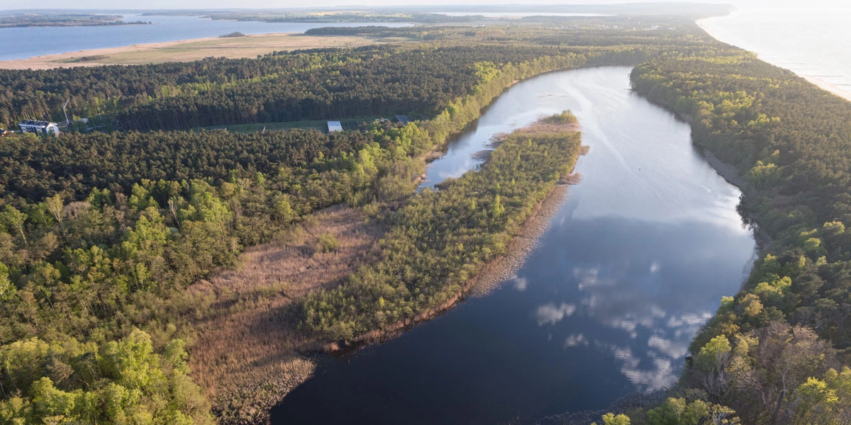Luftaufnahme im Nationalpark Wollin: Flusslauf durch dichten Wald, im Hintergrund Bodden und Ostseeküste.