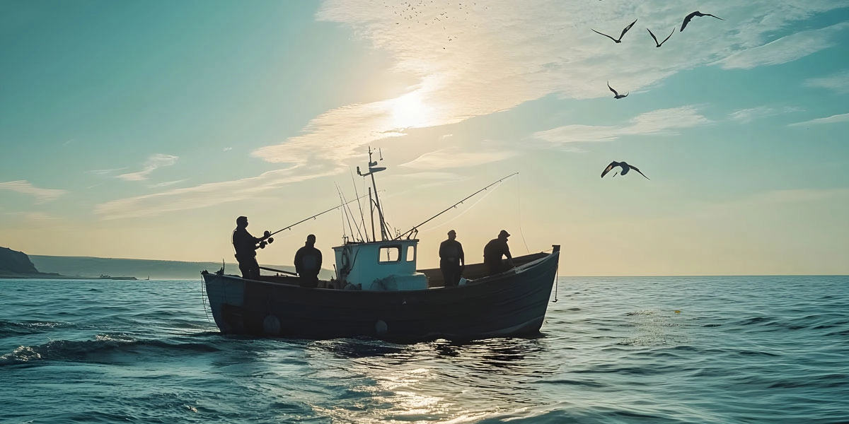Fischerboot bei Sonnenaufgang an der Ostsee im Gegenlicht mit Silhouetten der Crew beim Angeln, Möwen am Himmel.